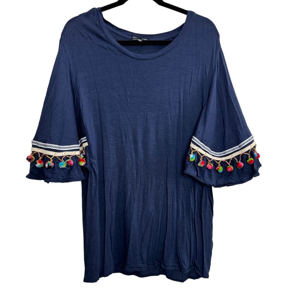 Women's Blue Short Sleeve T-Shirt Round Neck Bell Sleeves with Tassels XL